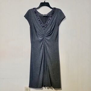 Muse Grey Embellished V-Neck Dress Size 10 Ruched Waist Business Casual